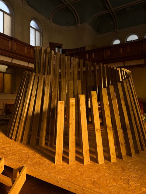 Timber pavilion structure under construction at Belfast MakerSpace