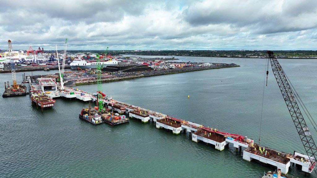 Aerial view of the Berth 52 and 53 piled jetty under construction at Dublin Port