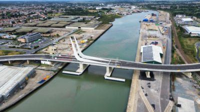 Aerial view of the completed Gullwing Bridge across Lake Lothing