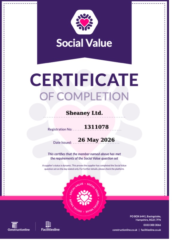 Constructionline Social Value Certificate of Completion awarded to Sheaney Ltd, registration 1311078, issued 26 May 2026