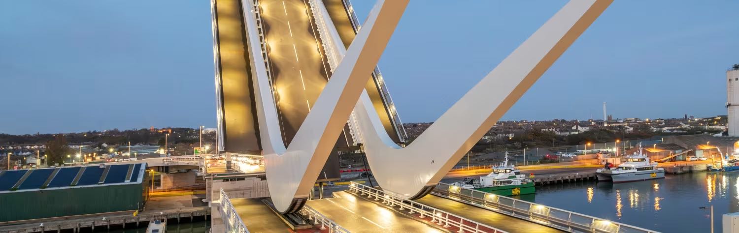 Gullwing Bridge in Lowestoft raised at dusk