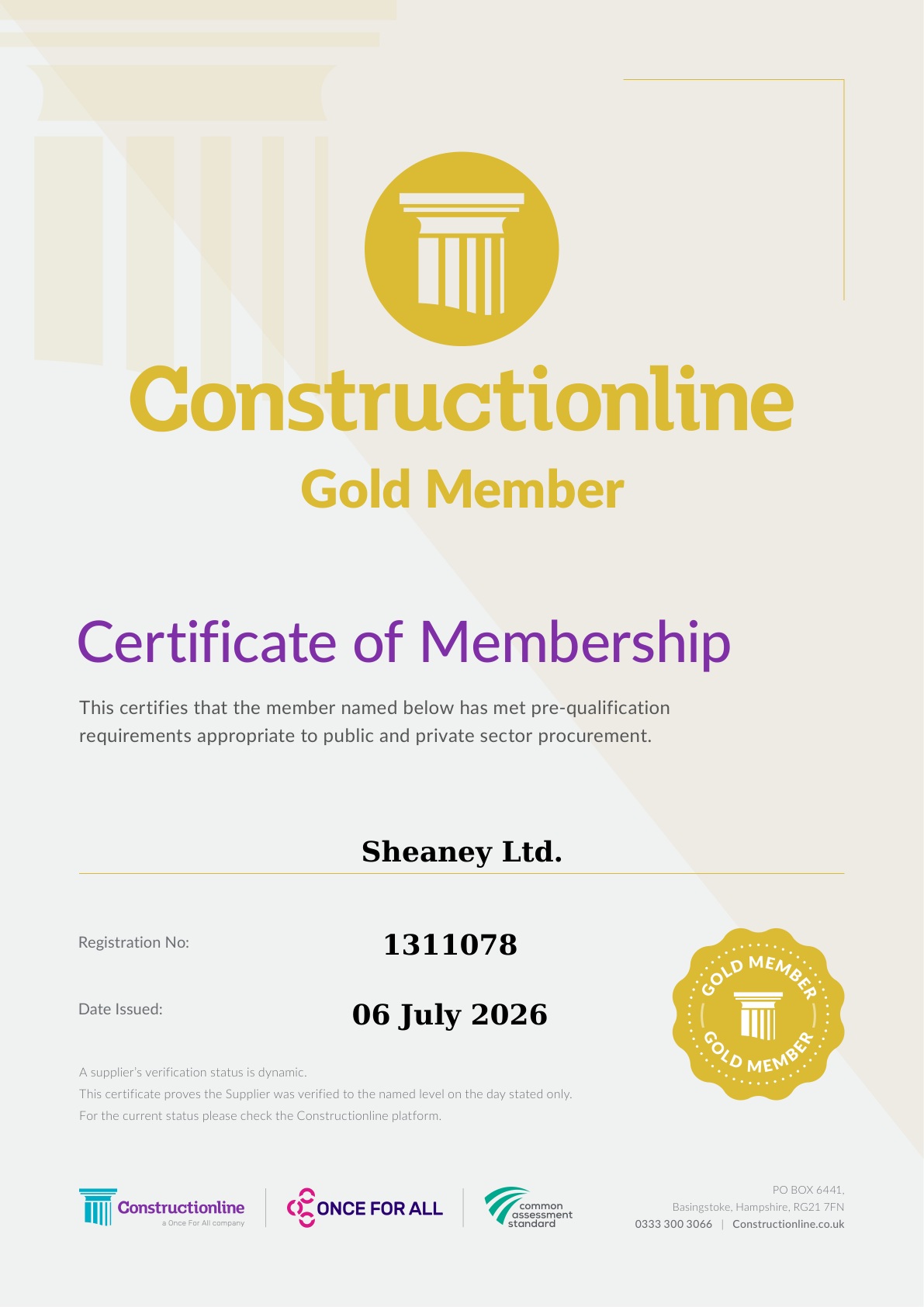 Constructionline Gold Member certificate for Sheaney Ltd, issued 06 July 2026